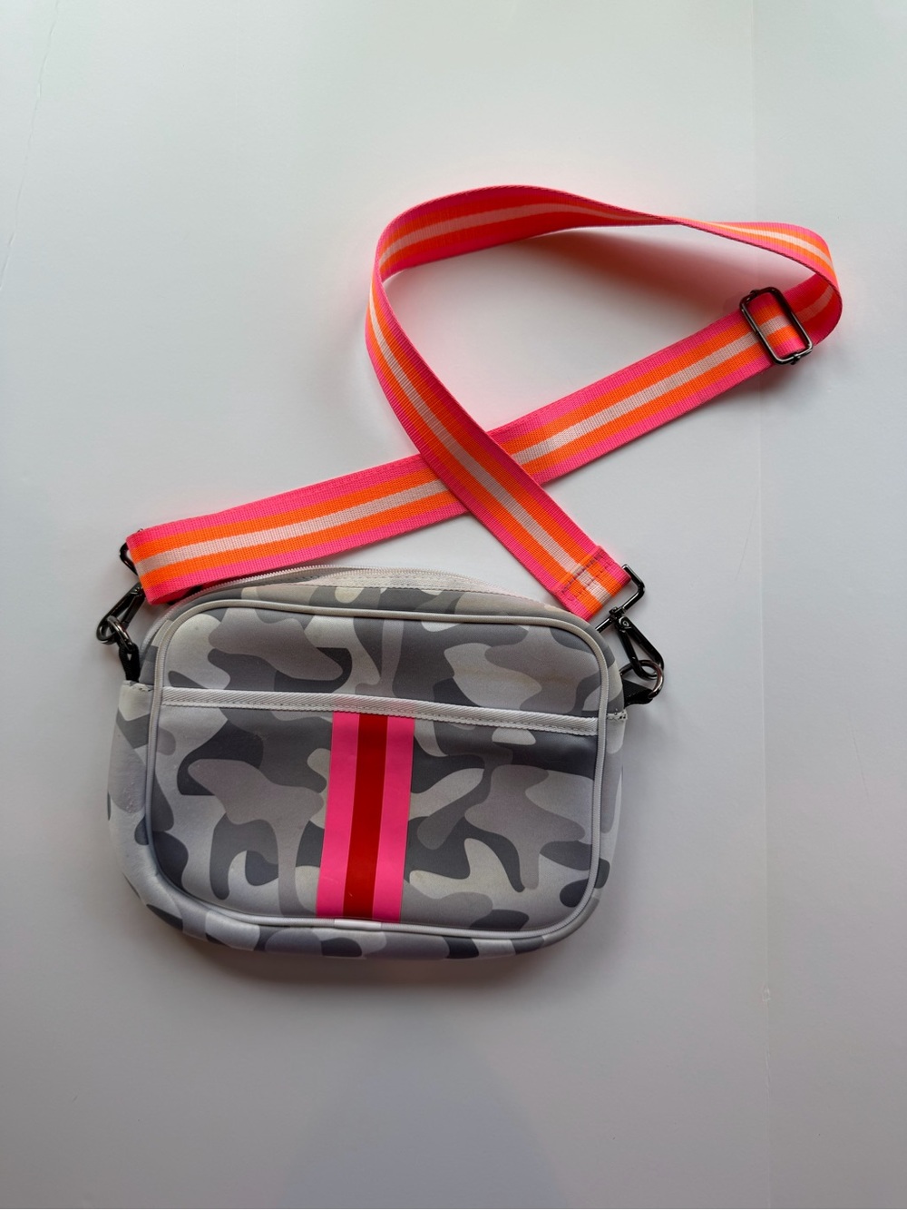 HAUTE SHORE Gray Camo Crossbody with Neon Pink Stripe and Bright Strap